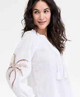 Charter Club Women's Embroidered 100% Linen Top, Exclusively at Macy's