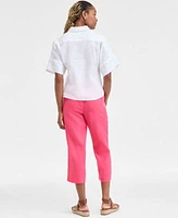 Charter Club Womens Embroidered Linen Shirt Solid Cropped Pull On Pants Exclusively At Macys