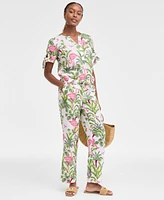 Charter Club Women's 100% Linen Tied-Sleeve Palm Shirt, Exclusively at Macy's