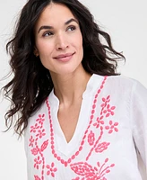Charter Club Women's Embroidered 100% Linen Tunic Top, Exclusively at Macy's