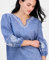Charter Club Petite Delave Embroidered Linen Blouse, Exclusively at Macy's