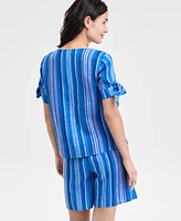 Charter Club Women's Striped 100% Linen Tied-Sleeve Top, Exclusively at Macy's