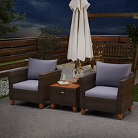 3 Pcs Outdoor Patio Rattan Bistro Furniture Set Wooden Table Top Cushioned Sofa