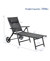 2PCS Patio Lounge Chair W/ Wheels Neck Pillow Aluminum Frame Adjustable