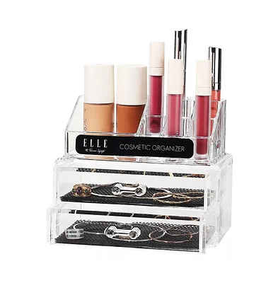 Acrylic Cosmetic Organizer with 2 Drawers & 3 Tiered Compartments, Clear Makeup Storage, Compact Vanity Organizer for Skincare and Makeup Brushes