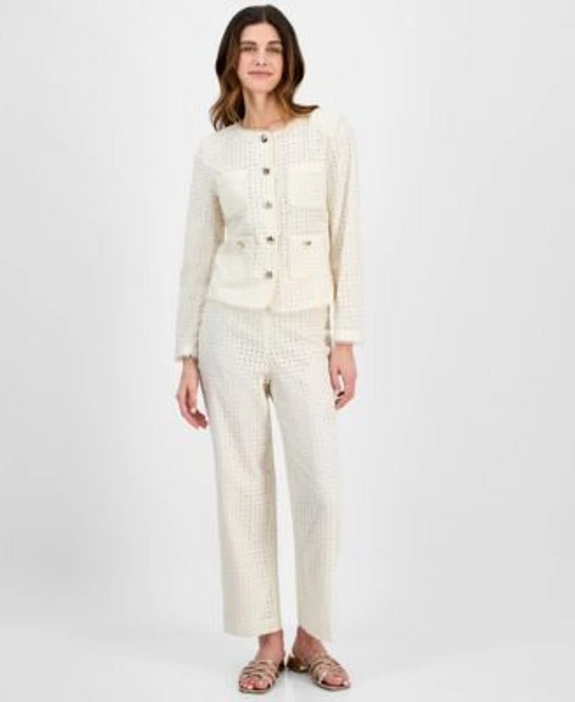 Anne Klein Womens Pull On Embroidered Eyelet Pants Button Front Jacket