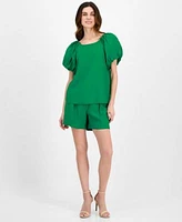 Anne Klein Womens Pull On Pleated Shorts Pleated Bubble Sleeve Blouse