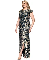 Betsy & Adam Plus Metallic Print Cowlneck Gown