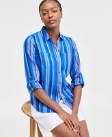 Charter Club Women's Magnolia Button-Down Roll-Tab-Sleeve Woven 100% Linen Top, Exclusively at Macy's