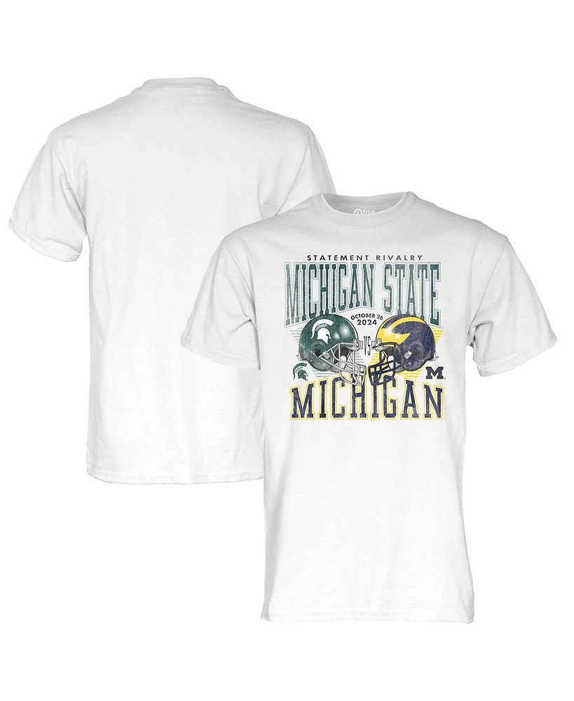 Blue 84 Men's and Women's White Michigan State Spartans vs. Wolverines 2024 Rivalry Matchup T-Shirt