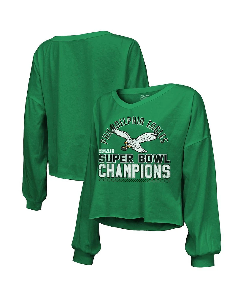 Majestic Women's Kelly Green Philadelphia Eagles Super Bowl Lix Champions Hard Count Retro Off Shoulder V-Neck Long Sleeve T-Shirt