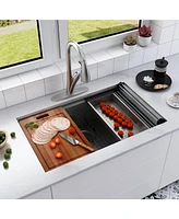 31-Inch Stainless Steel Kitchen Sink Workstation Single Grooves Under The Table With Cutting Board, Roller Blind, Drain Basket, Drain Grid And Drainer