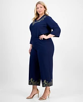 Jm Collection Plus Metallic Embroidered-Hem Capri Pants, Exclusively at Macy's