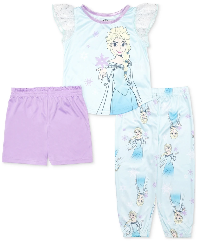 Frozen Toddler Girls Short-Sleeve Frill Top, Shorts & Jogger Pants Pajamas, 3 Piece Set