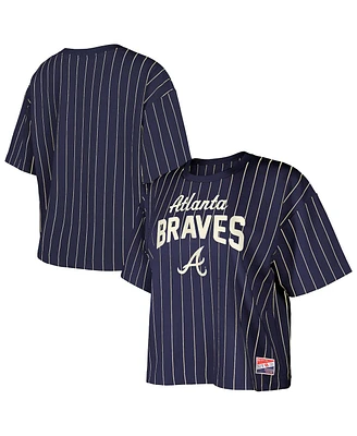 New Era Women's Navy Atlanta Braves Cooperstown Collection Multiplier Pinstripe Cropped T-Shirt