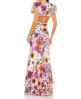 Mac Duggal Women's Floral Print Ruffle Shoulder Cut Out Gown