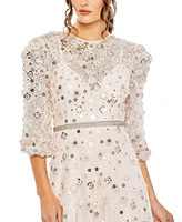 Mac Duggal Women's Floral Applique Puff Sleeve High Neck A-Line Gown