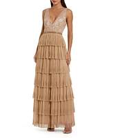 Mac Duggal Women's Beaded Mesh V Neck Gown With Tiered Ruffles