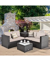 Gymax 8PCS Cushioned Rattan Patio Conversation Set w/ Coffee Table Side Table