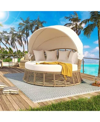 Rattan Round Daybed, Retractable Canopy, Cushions, Patio/Poolside, Beige