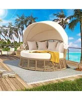 Rattan Round Daybed, Retractable Canopy, Cushions, Patio/Poolside, Beige