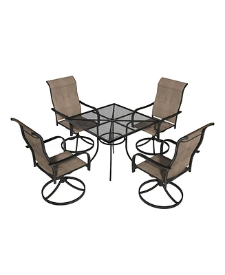 Black 5-Piece Metal Outdoor Patio Dining Set with Square Table with 1.9 in. Umbrella Hole and Swivel Chairs