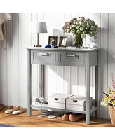 Narrow Console Table with Drawers and Open Storage Shelf