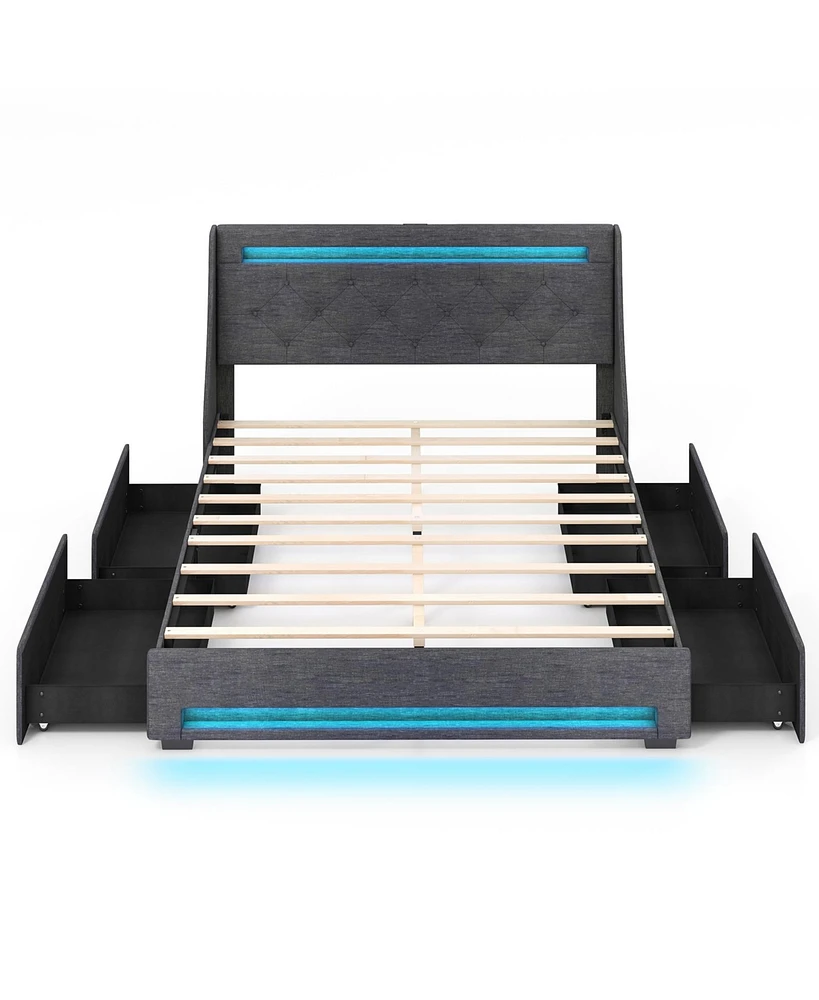 Full Size Bed Frame with Led Lights Wingback Headboard and Charging Station
