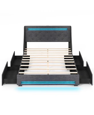 Full Size Bed Frame with Led Lights Wingback Headboard and Charging Station
