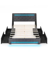 Full Size Bed Frame with Led Lights Wingback Headboard and Charging Station