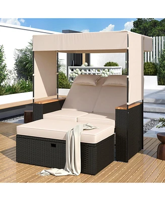 Outdoor rattan daybed, loveseat/lounge set w/ cushions