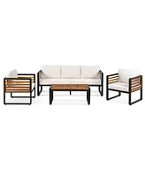 Large 4-pc Outdoor Sofa Set, 5-Person, Metal/Wood Frame, Thick Beige Cushions