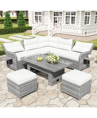 Patio Rattan Furniture Set, Adjustable Table, Recliners, Ottomans, Beige