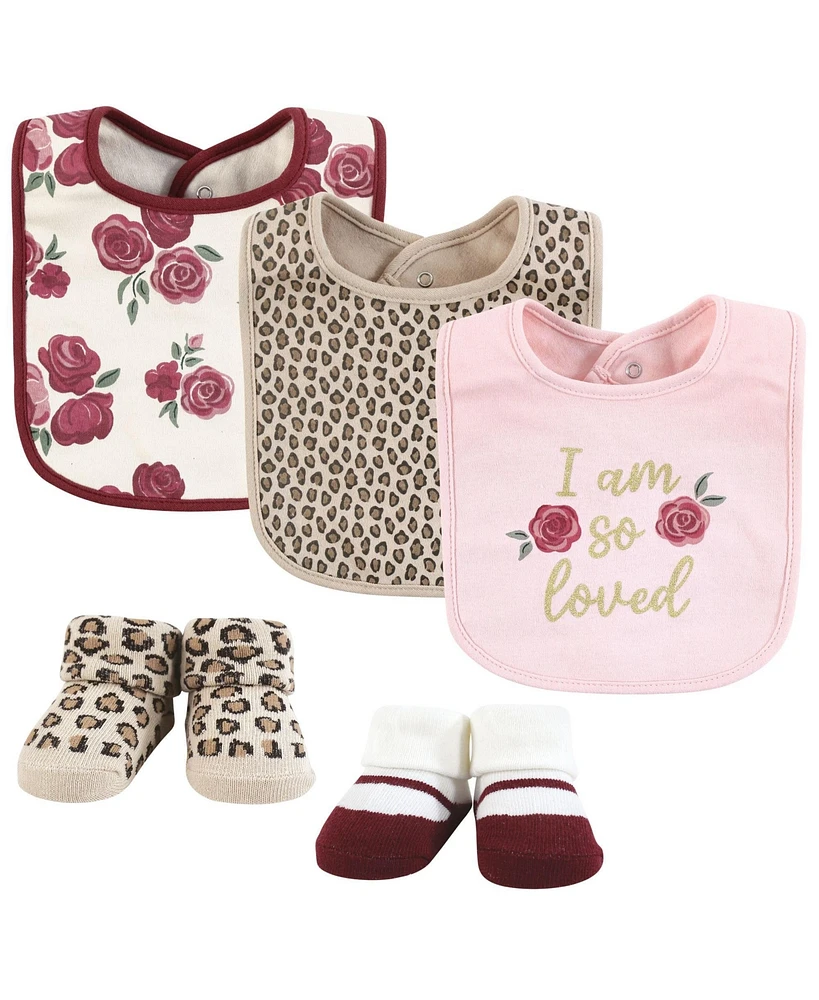 Hudson Baby Infant Girl Cotton Bib and Sock Set, So Loved Roses, One Size