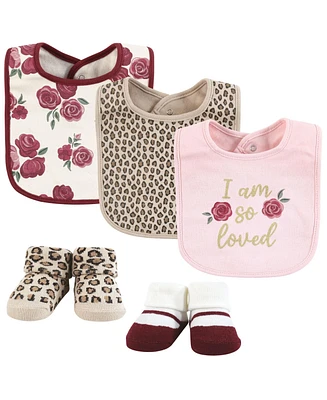 Hudson Baby Infant Girl Cotton Bib and Sock Set, So Loved Roses, One Size
