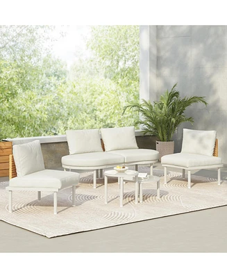6-Piece Half Moon Patio Sofa Set, Wicker, Glass Tables, Cushions & Pillows