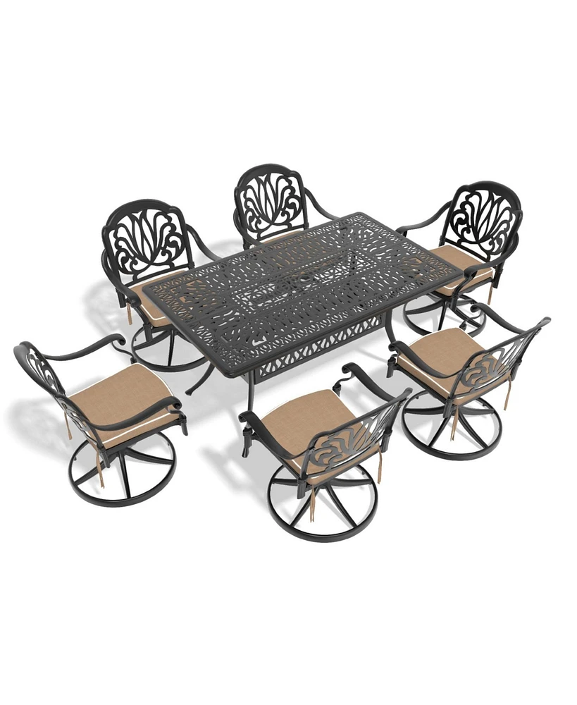 7-pc Cast Aluminum Dining Set, 6 Swivel Chairs, Rectangular Table