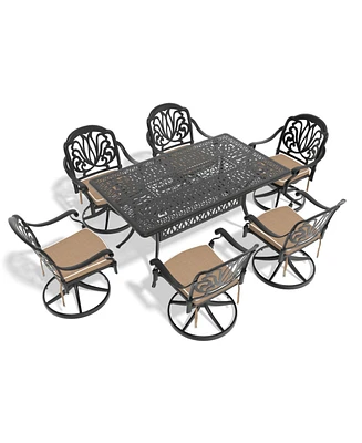 7-pc Cast Aluminum Dining Set, 6 Swivel Chairs, Rectangular Table