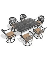 7-pc Cast Aluminum Dining Set, 6 Swivel Chairs, Rectangular Table