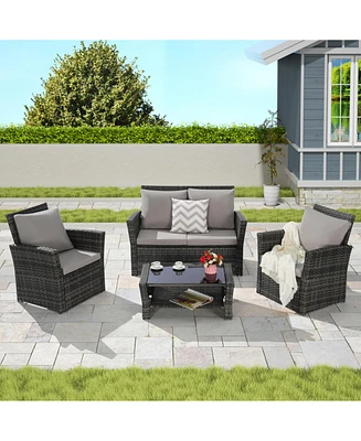 4-Piece Outdoor Patio Furniture Set, Rattan Chairs, Glass Table