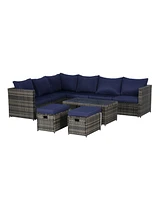 6pc Outdoor Patio Set, Wicker Sofa, Glass Table, Cushions & Pillows