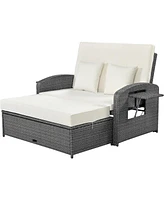 Pe Wicker Double Chaise Lounge, Adjustable, White + Cover