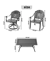 7-Piece Cast Aluminum Dining Set, 2 Swivel, 4 Chairs, Rectangular Table, Black Frame