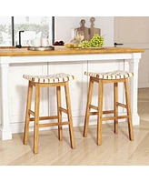 Woven Saddle Stools Set of 2 31'' Faux Pu Leather Bar Height Kitchen Stool
