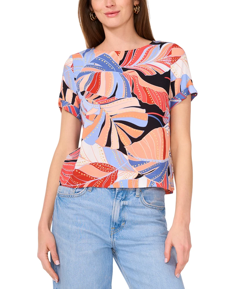 Vince Camuto Women's Tropical-Print Round-Neck Keyhole-Back Cuff-Sleeve Top, Xs-3X