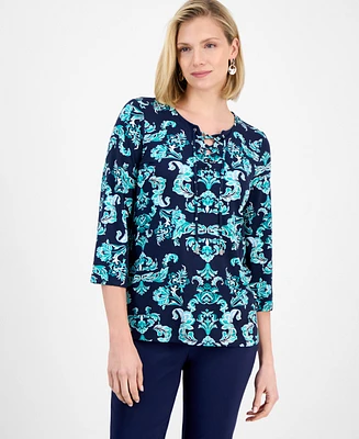 Jm Collection Women's Printed Split-Lace-Up-Neck Blouse, Exclusively at Macy's