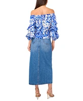 Vince Camuto Women's Ikat-Print Off-The-Shoulder Bubble 3/4-Sleeve Tie-Front Blouse