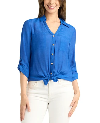 Bcx Juniors' Textured Roll-Sleeve Button-Front Top