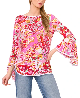 Sam & Jess Women's Printed Boat-Neck Bell-Sleeve Top