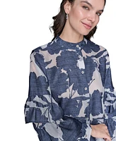 Karl Lagerfeld Paris Women's Floral-Printed Ruffle-Sleeve Top